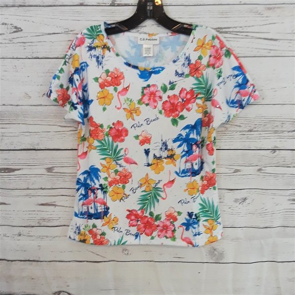 CD Petites Palm Beach Tropical Bedazzled Top - Picture 1 of 7